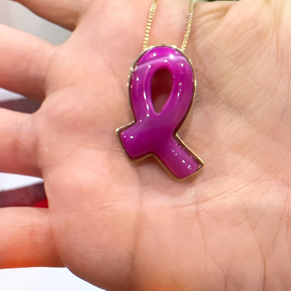 18K Gold Plated and Natural Agate Pink Awareness Ribbon Necklace